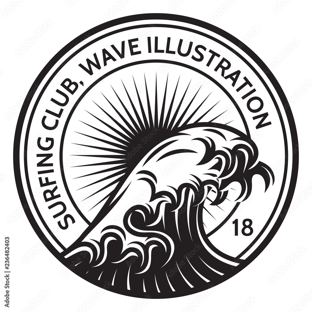 Monochrome vector template with a wave of water on the theme of surfing