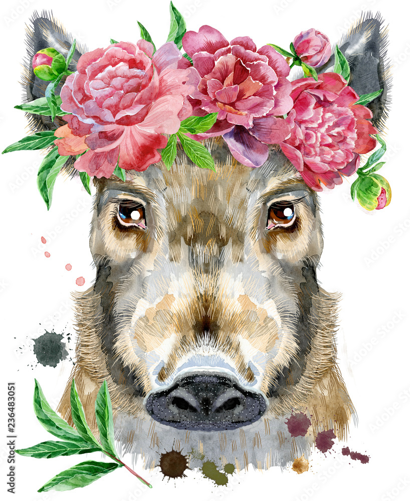 Plakat Akwarela portret dzika z kwiatem