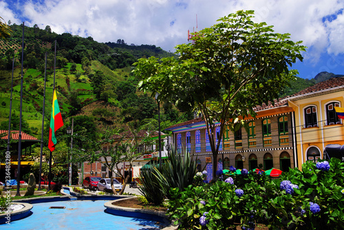 Street scene in Pijao, wellknown village in Colombia for coffee culture, South America photo