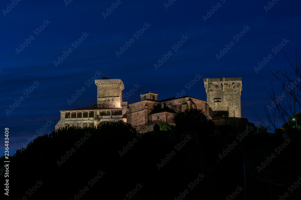 night view of illuminated monterrei castle, in Verin, Spain