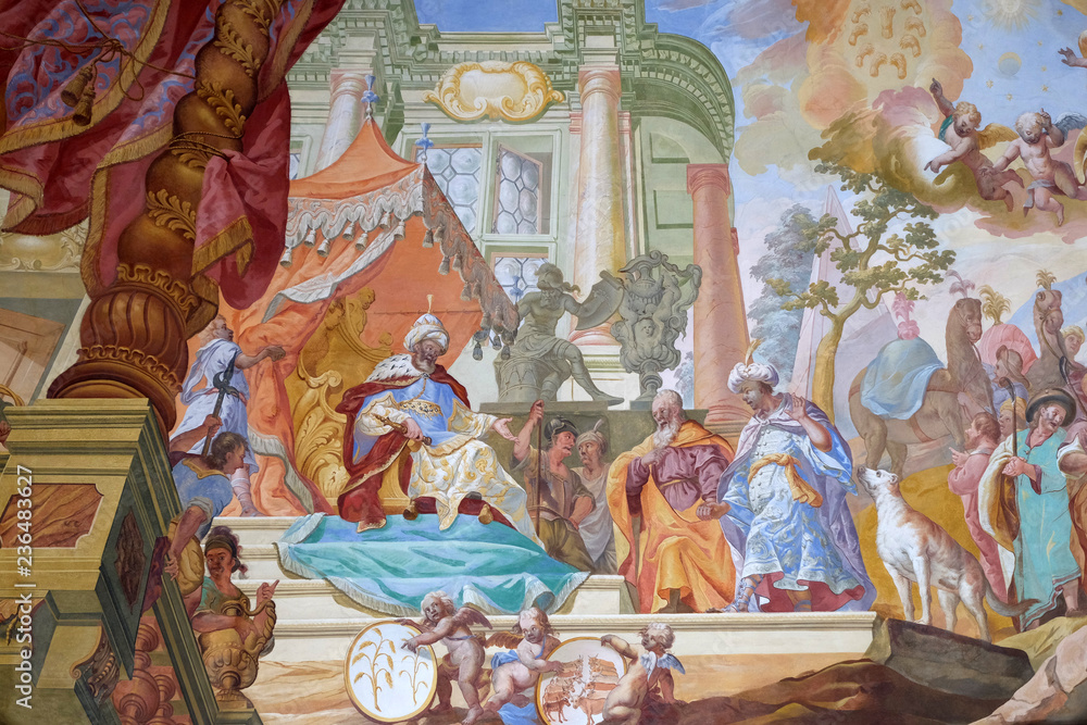 Jacob with his sons before the Pharaoh, ceiling fresco by Johann Adam Remele in Joseph Hall, Cistercian Abbey of Bronbach in Reicholzheim near Wertheim, Germany