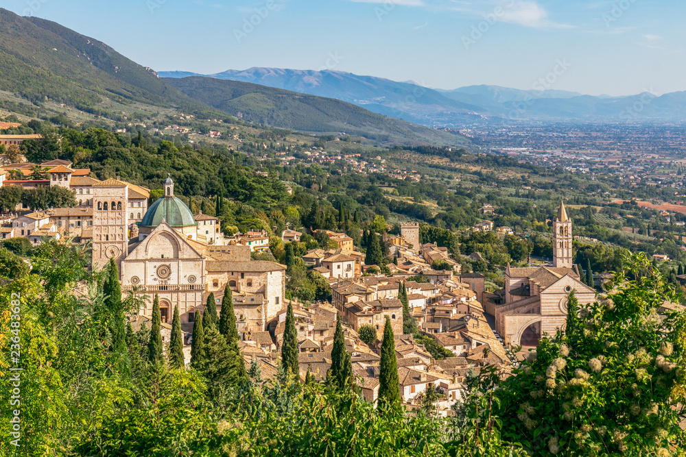 Panoramic view of the historic town of Assisi and Famous Papal Basilica of St. Francis of Assisi (Basilica Papale di San Francesco) Umbria, Italy