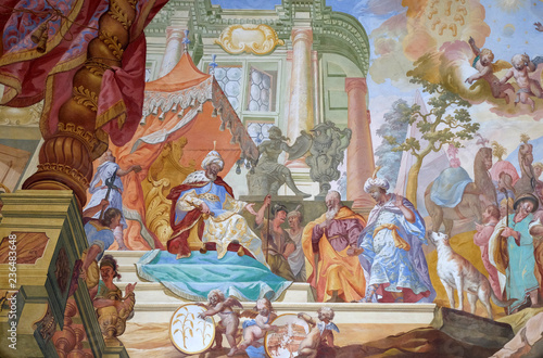 Jacob with his sons before the Pharaoh, ceiling fresco by Johann Adam Remele in Joseph Hall, Cistercian Abbey of Bronbach in Reicholzheim near Wertheim, Germany