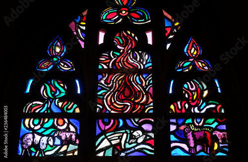 Stained glass window in Cathedral of St. Florin in Vaduz, Liechtenstein