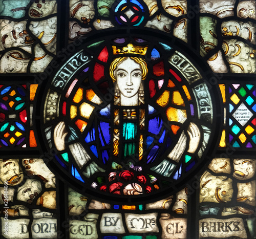 Saint Elizabeth of Hungary stained glass in the Blind Center Saint Raphael in Bolzano, Italy photo