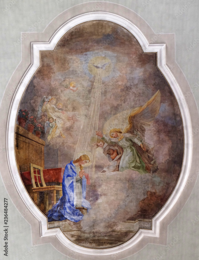 Annunciation to the Virgin Mary, ceiling fresco i the Saint George church in Luson, Italy