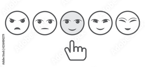 Five Gray Faces Feedback/Mood and hand. Iconic illustration of satisfaction level. Range to assess the emotions of your content.  Customer feedback. Excellent, good, normal, bad, awful. EPS10