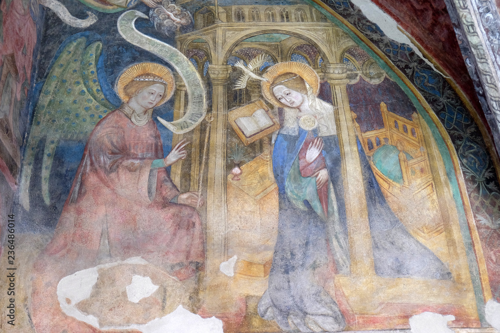 Annunciation to the Virgin Mary, fresco in the cloister, Cathedral of Santa Maria Assunta i San Cassiano in Bressanone, Italy
