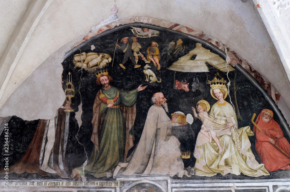 Adoration of the Magi, fresco in the cloister, Cathedral of Santa Maria Assunta i San Cassiano in Bressanone, Italy