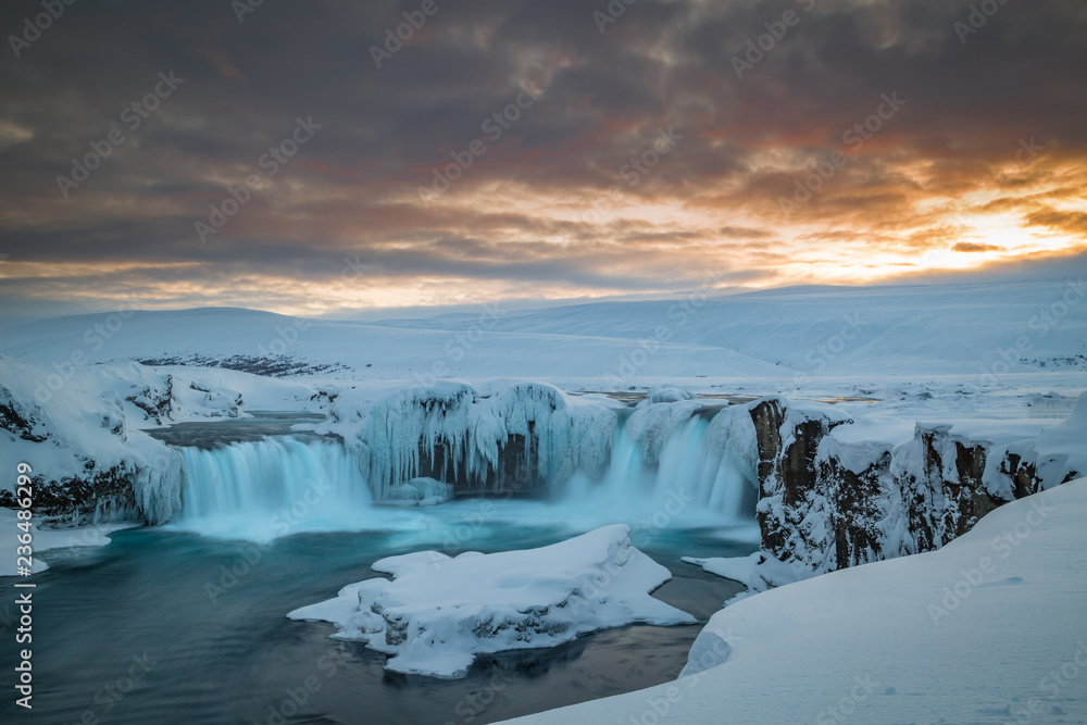 Long exposure of Godafoss at dusk on a cold islandic winter day. Long exposure of Godafoss at dusk on a cold islandic winter day.