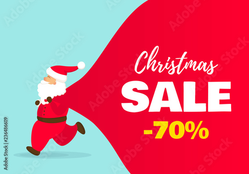 Sale Christmas banner. Vector illustration of Santa Claus with big bag.
