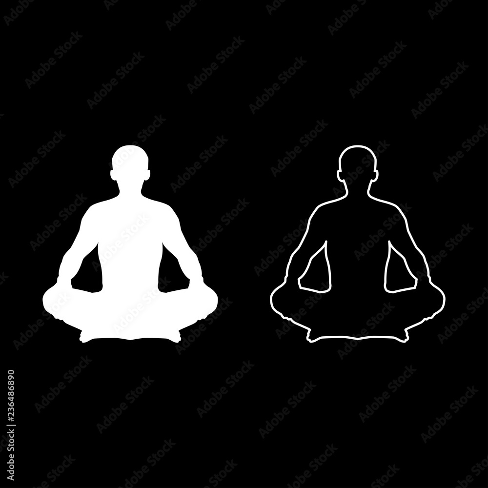 Man in pose lotus Yoga pose Meditation position silhouette Asana icon set white color illustration flat style simple image Man in pose lotus Yoga pose Meditation position silhouette Asana icon set white color illustration flat style simple image