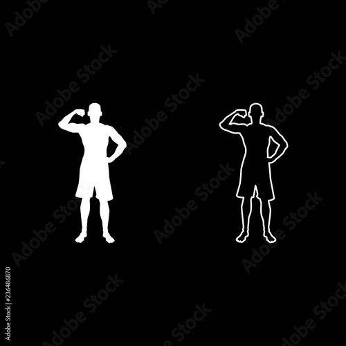 Bodybuilder showing biceps muscles Bodybuilding sport concept silhouette front view icon set white color illustration flat style simple image