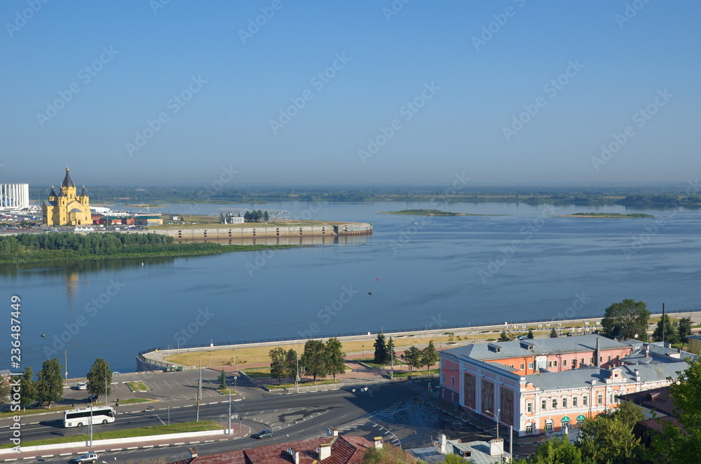 View of the Arrow - the confluence of the Oka and Volga rivers in Nizhny Novgorod on a Sunny summer day, Russia