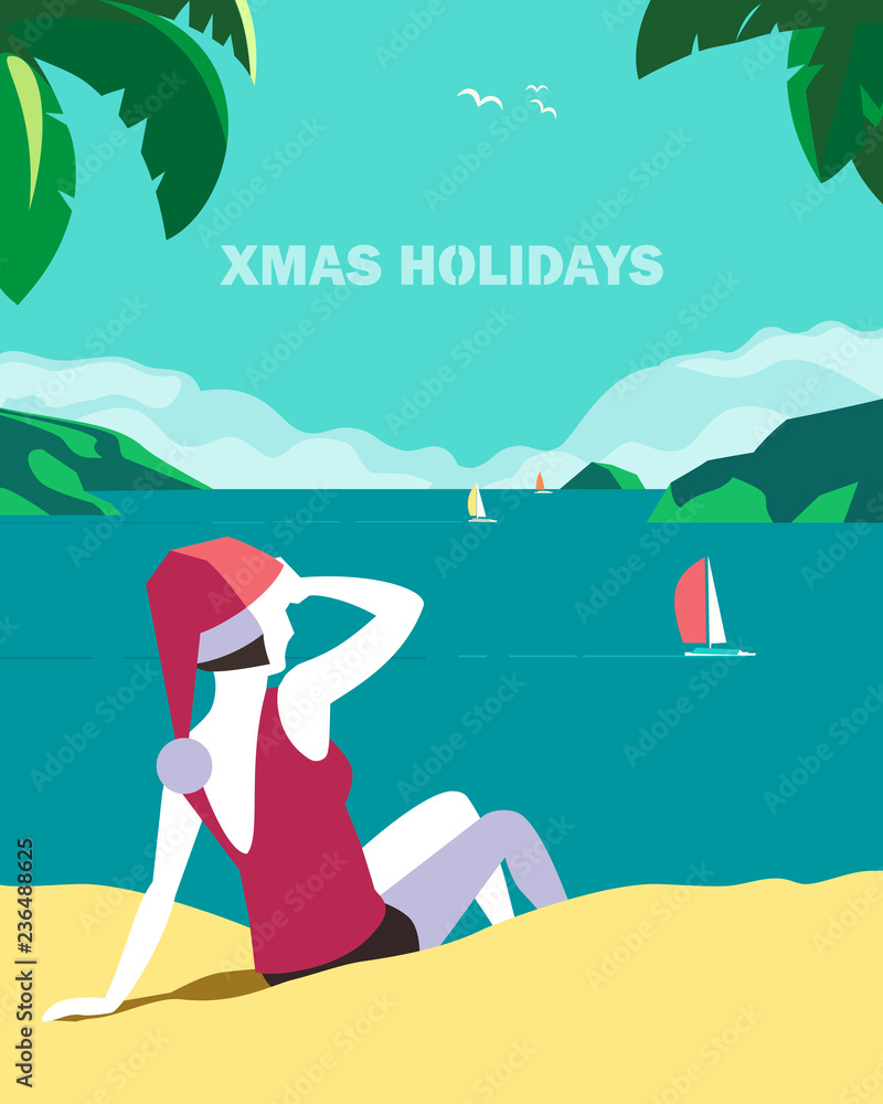 Winter holiday seaside vacation concept. Retro poster in hand drawn pop art style. Christmas season fun rest. Girl in Santa hat on seaside sand beach. Vintage vector new year tourist trip background
