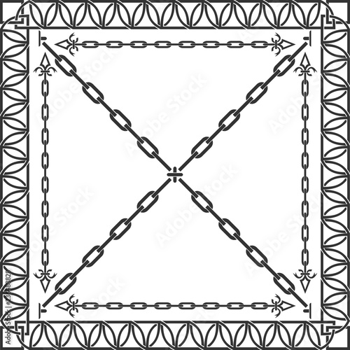 Gothic frame and chain. Vector. Set: gothic ornate frame; crosswise pattern; chain with tips at the ends. Layers good separated.
