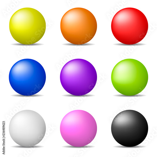 Set of Colorful Realistic Spheres isolated on white background. Glossy Shiny Spheres. Vector Illustration for Your Design.