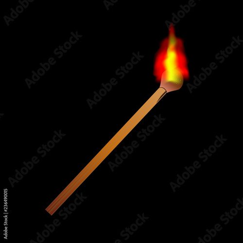 Burning flame head matchstick isolated against a black background.