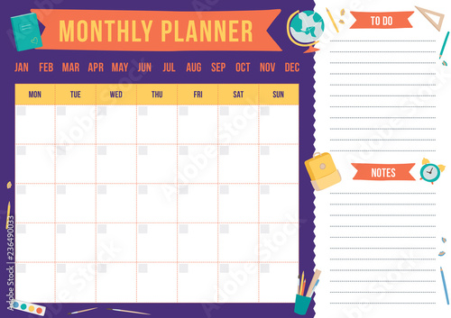 Cute monthly planner with hand drawn school elements. Template with place for notes. Vector illustration for print, office, school.