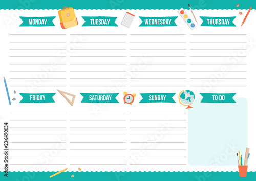 Cute weekly planner with hand drawn school elements. Template with place for notes. Vector illustration for print, office, school.