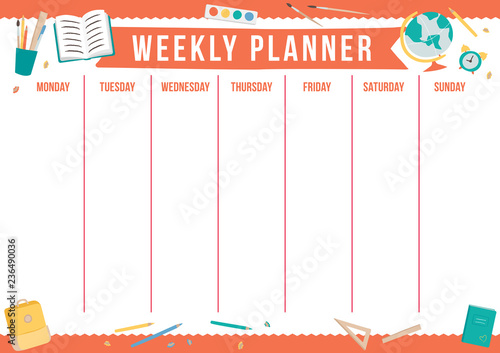Cute weekly planner with hand drawn school elements. Template with place for notes. Vector illustration for print, office, school.
