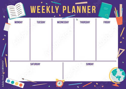Cute weekly planner with hand drawn school elements. Template with place for notes. Vector illustration for print, office, school.