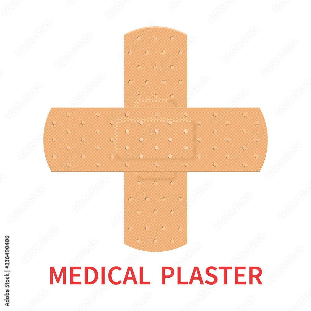 Medical plaster on white background. Realistic adhesive plaster. First aid concept. Health care. Medical tape,plaster, bandage, protection and care. Vector illustration Medical plaster on white background. Realistic adhesive plaster. First aid concept. Health care. Medical tape,plaster, bandage, protection and care. Vector illustration