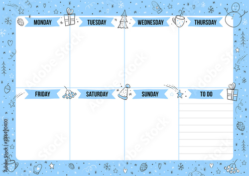 Winter weekly planner with doodle elements. Template with place for notes. Vector illustration for print, office, school.