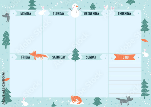 Winter weekly planner with cartoon animals and elements. Template with place for notes. Vector illustration for print, office, school.