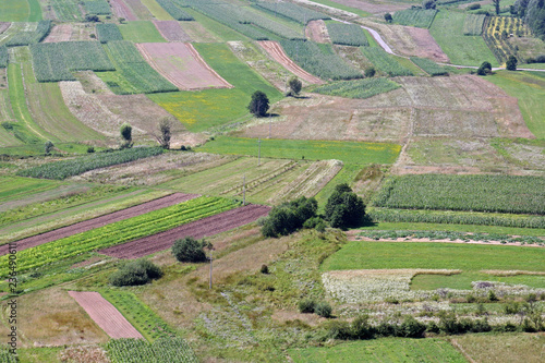 Aerial view of meadows and fields in Nothern Croatia in summertime, Zdencina, Croatia