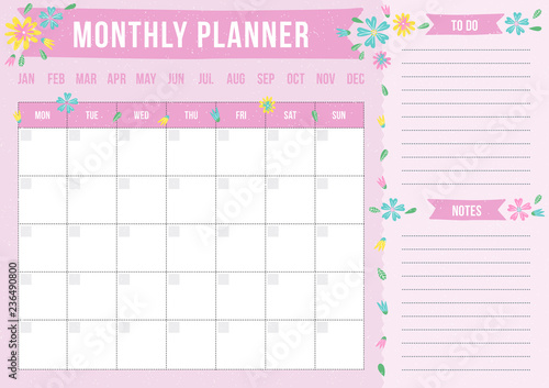 Cute monthly planner with drawn flower. Modern template with place for notes. Vector illustration for print, office, school.