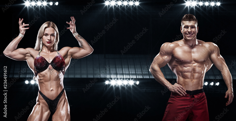 Obraz premium Bodybuilding competitions on the scene. Men and women sportsmens and athletes. Black background with lights.