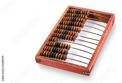 Old wooden abacus on white background.