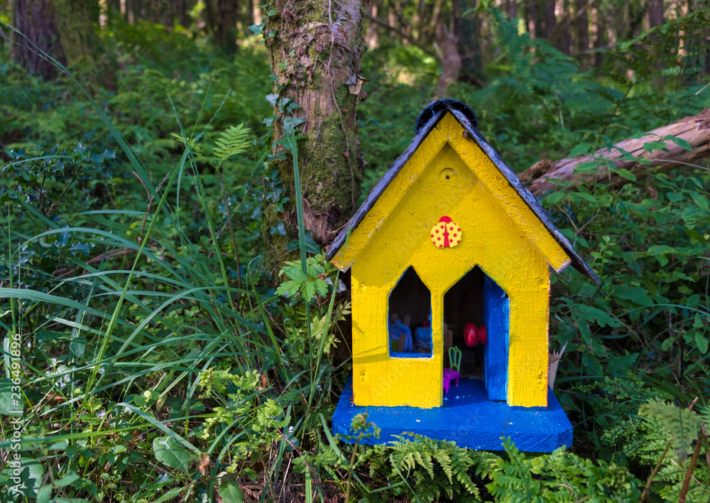 Yellow Fairy house along the path of the Kerry way on the coast of Ireland.   House is blue with yellow door, in a green lush forest.  