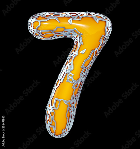 Number seven 7 made of golden shining metallic with yellow paint isolated on black 3d