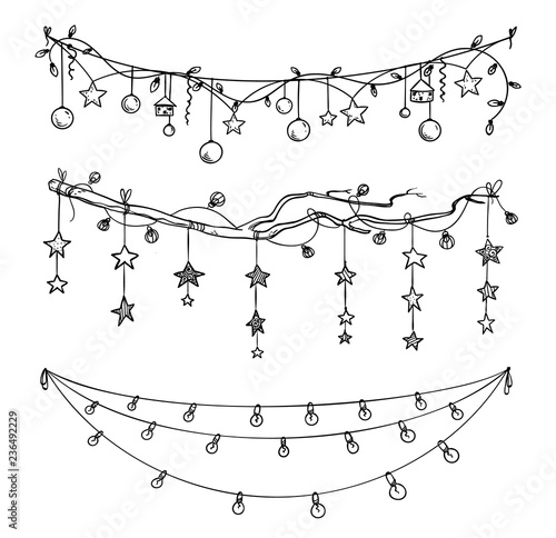 Set of christmas and New Year decorations. Garlands and lights vector sketch.