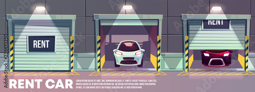 Round the clock rent car service cartoon vector banner with various modern automobiles standing in garage storage with roll gates illustration. Vehicle rental company online service web page template
