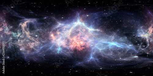 Fototapeta Naklejka Na Ścianę i Meble -  360 degree interstellar cloud of dust and gas. Space background with nebula and stars. Glowing nebula, equirectangular projection, environment map. HDRI spherical panorama