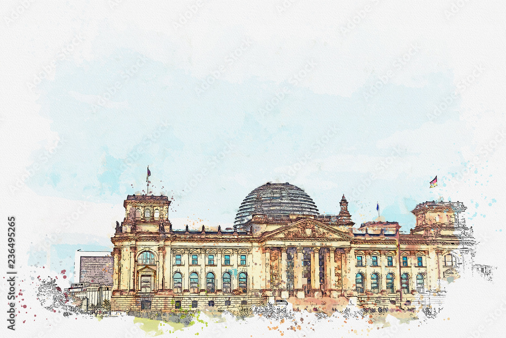 Watercolor sketch or illustration of a beautiful view of the Reichstag building. One of the attractions of Berlin in Germany and a favorite place to visit tourists.