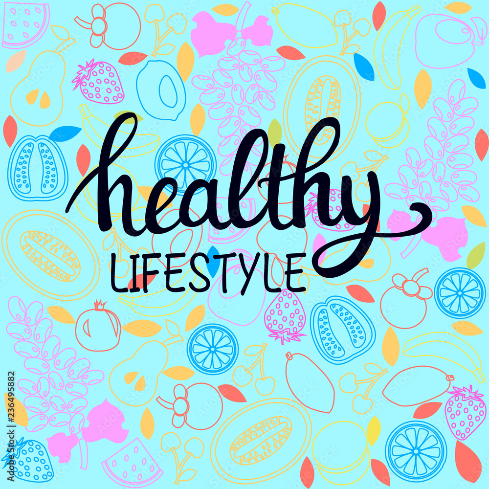  Healthy food poster or banner with hand drawn fruits