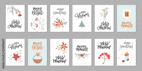 Collection cute Merry Christmas gift cards and set of elements