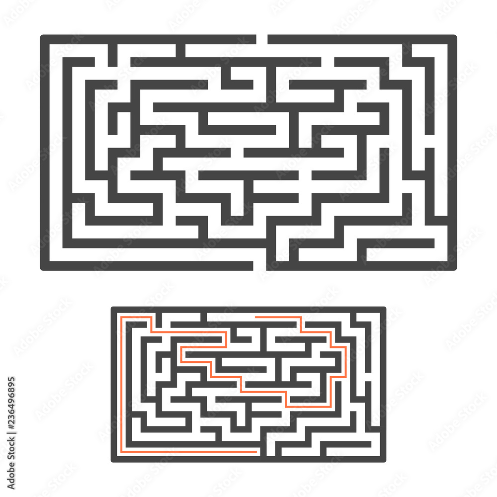 Abstract rectangular maze. Game for kids. Puzzle for children. One entrance, one exit. Labyrinth conundrum. Flat vector illustration isolated on white background. With answer. Abstract rectangular maze. Game for kids. Puzzle for children. One entrance, one exit. Labyrinth conundrum. Flat vector illustration isolated on white background. With answer.