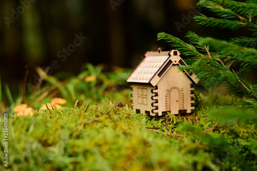 Wooden house model in the forest. concept