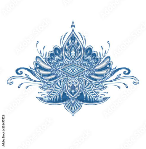 Decorative element emblem or crown with embroidery effect in blue silver colors for decorate clothes or for logo of different thing