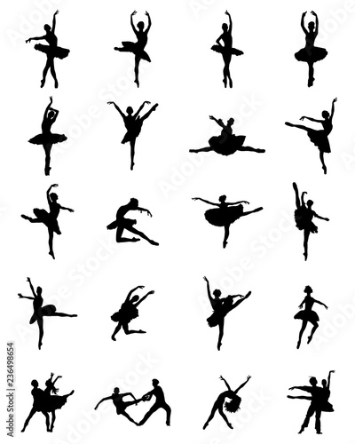 Black silhouettes of ballerinas on white background, vector