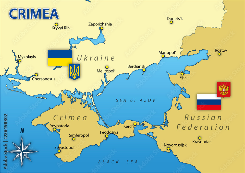 Crimea peninsula map with borders and flags, vector illustration