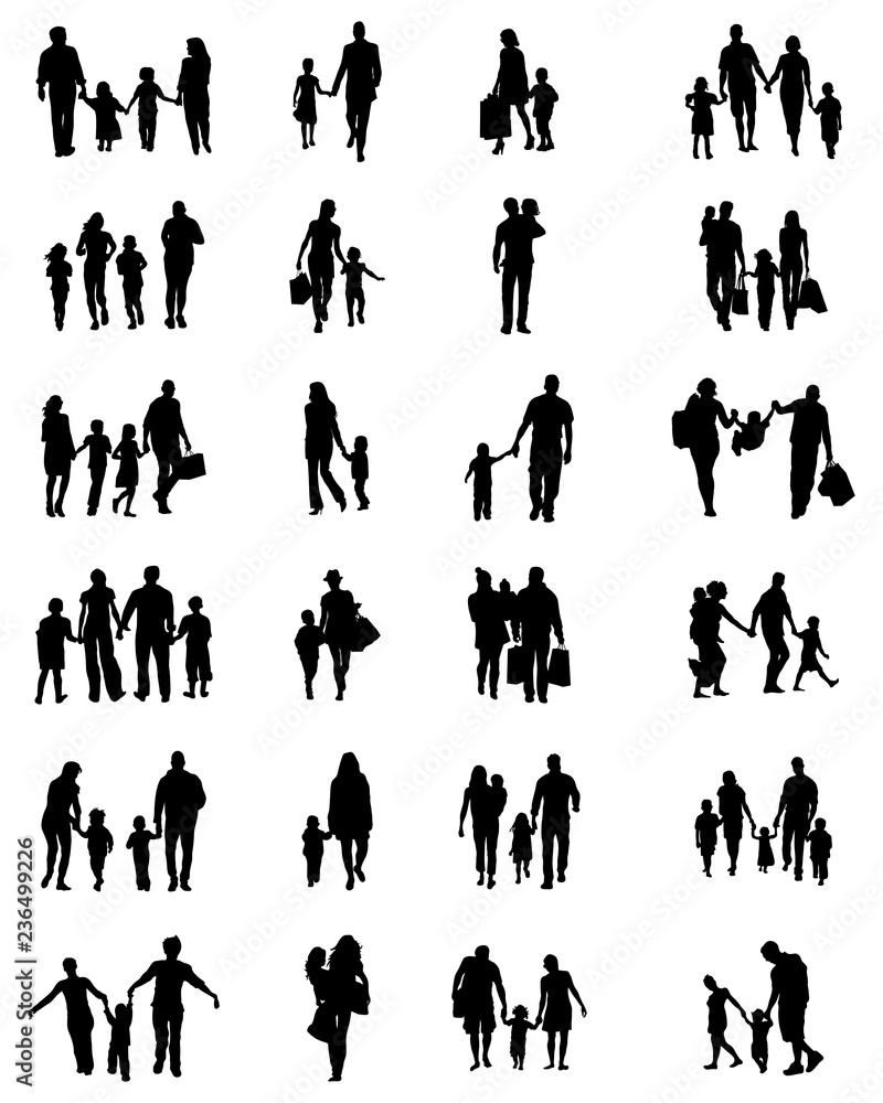 Black silhouettes of families in walk on a white background Black silhouettes of families in walk on a white background