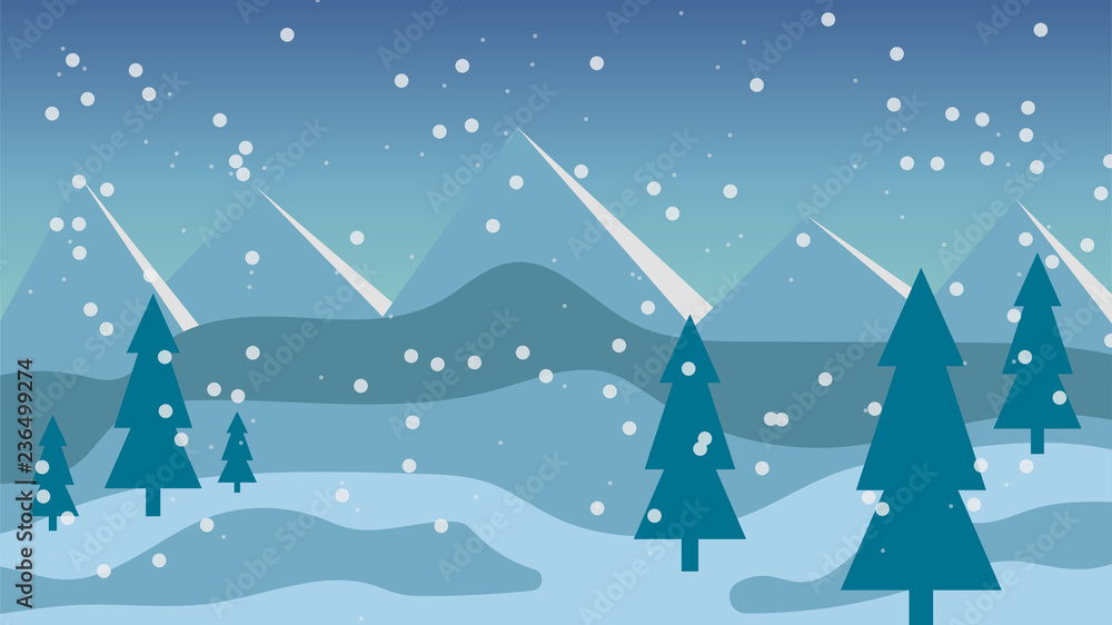 Snow winter sky background with hills, mountains, trees and snowfall. Vector illustration. Snow winter sky background with hills, mountains, trees and snowfall. Vector illustration.