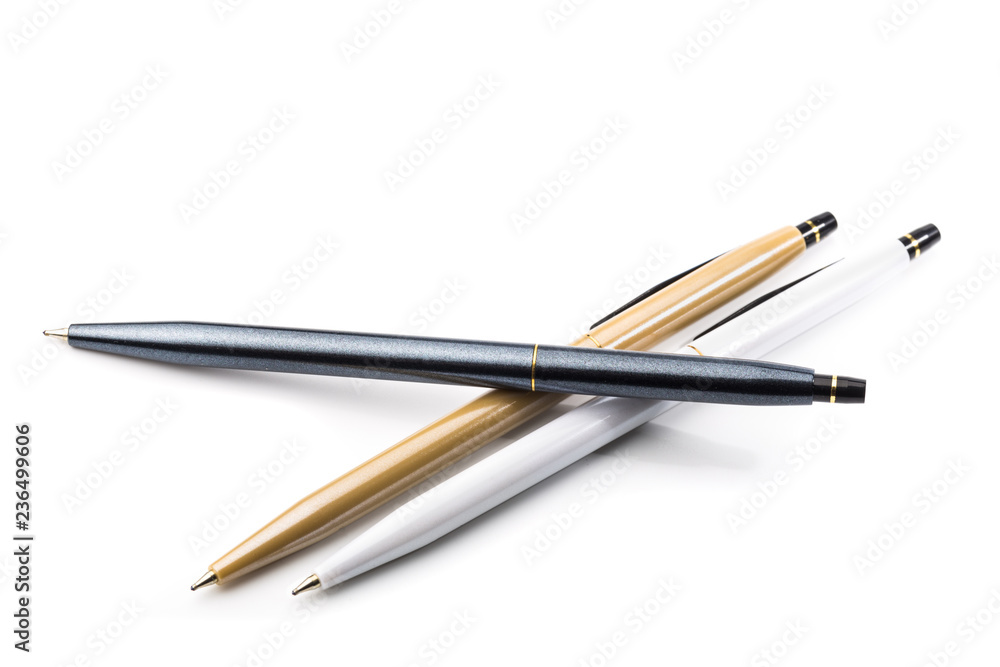 pair of two pens isolated on white background, close up pair of two pens isolated on white background, close up