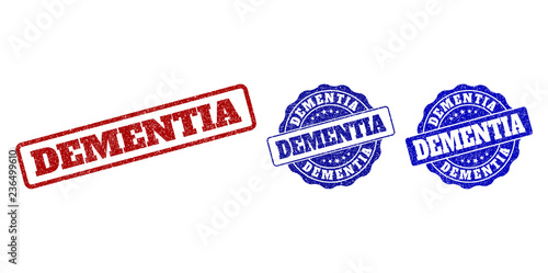 DEMENTIA grunge stamp seals in red and blue colors. Vector DEMENTIA imprints with grunge effect. Graphic elements are rounded rectangles, rosettes, circles and text captions.